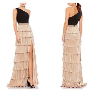 Ieena for Mac Duggal One Shoulder Dress Metallic Ruffle Gown Black Gold NWT 8